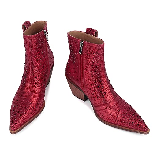 Isnom Red Rhinestone Boots Sparkly Boots For Women Glitter Boots For Women Rhinestone Cowboy Booties For Women Sequin Boots Red Boots For Women Sparkle Boots Rhinestone Cowboy Boots Bling Boots #TOP2