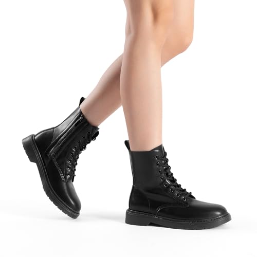 DREAM PAIRS Women Combat Boots Lace-up Low Heel Ankle Booties,Size 8,Black-Pu,DWUMAB2539
