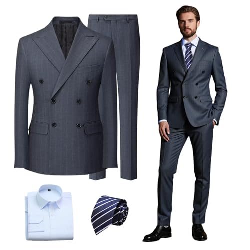Mens Suit 4 Piece Striped Double Breasted Slim Fit Tuxedo Blazer Pants Shirt Tie Business Wedding Prom Party Dinner Date
