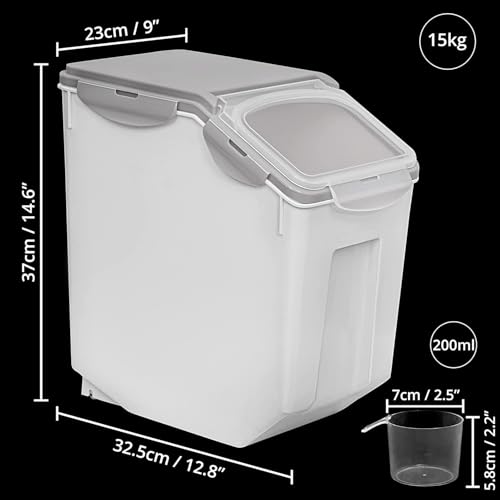 Image of ABOUT SPACE 1 Pack Rice Dispenser (15Kg) Airtight Rice Storage Container with Measuring Cup - Rice Barrel Dispenser, Moisture Proof Organiser for Cereals, Grains, Pulses & Pet Food - Grey - Plastic