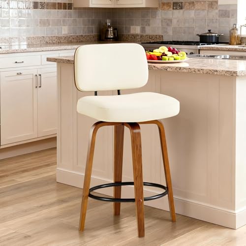 Image of Counter Height Bar Stools Set of 1, 26+inch Swivel Faux Leather Barstool with Back, Upholstered Mid-Century Modern Bar Chairs with Bent Wood Legs for Kitchen Counter, Dining Room, Cream White