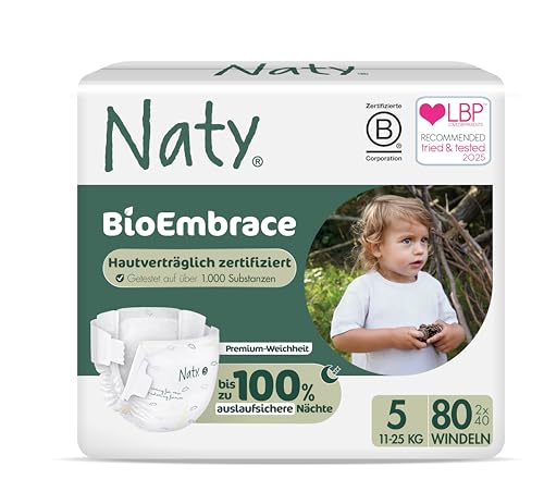 Naty BioEmbrace Baby Windeln Größe 5 (11–25 kg) | 100% pflanzenbasierte Materialien auf der Haut | Atmungsaktive Weichheit, dermatologisch getestet, exzellente Saugkraft | 80 Stück