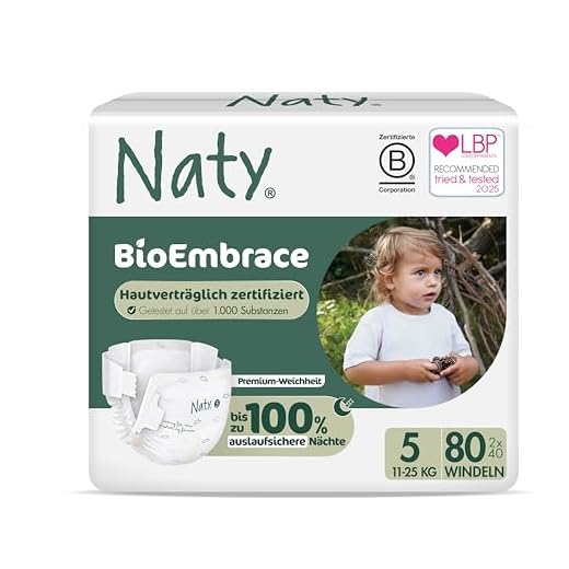 Naty BioEmbrace Baby Windeln Größe 5 (11–25 kg) | 100% pflanzenbasierte Materialien auf der Haut | Atmungsaktive Weichheit, dermatologisch getestet, exzellente Saugkraft | 80 Stück
