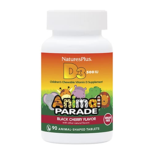 Natures Plus Animal Parade Sugar-Free Children's Vitamin D3 - 500 IU - Black Cherry Flavor - 90 Chewable Animal Shaped Tablets - Bone Health & Immune System Support - 90 Servings