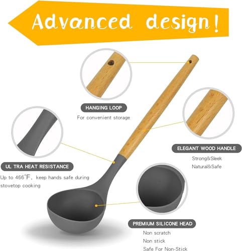 Image of Barebeauty 12 Pcs Silicone Kitchen Utensils Set with Holder Heat Resistant Silicone Spatula | Turner Set Wooden Spoons Kitchen Tools | Cooking Utensils for Nonstick Cookware (Grey)