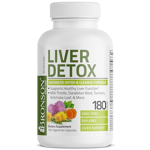 Bronson Liver Detox Advanced Detox & Cleansing Formula Supports Health Liver Function with Milk Thistle, Dandelion Root, Turmeric, Artichoke Leaf & More, Non-GMO, 180 Vegetarian Capsules