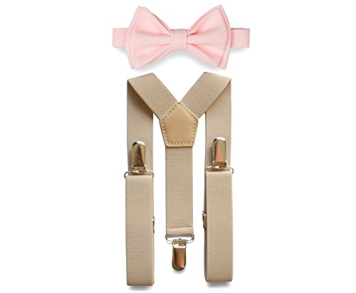 Tan Suspenders & Bow Tie Set for Baby Toddler Boy Teen Men (4. Adult (up to 5'8"), Tan Suspenders, Light Pink Bow Tie)
