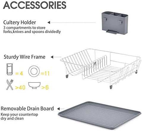 KINGRACK Dish Drainer with Drip Tray,Grey Dish Rack with Large Capacity,Dish Drying Rack with External Cutlery Holder,Removable Draining Board,Cup Holder,Compact Kitchen Drainers WK810338
