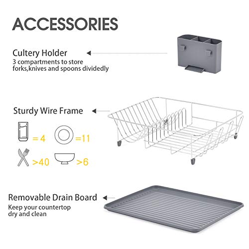 Toolf Dish Rack, Large Capacity, Dish Drying Rack With Cutlery Holder, Removable Drip Tray, Cup Holder, Compact Kitchen Drainers For Countertop, Grey #TOP1