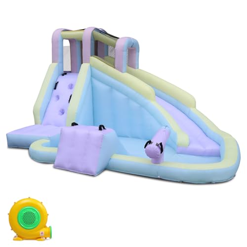 LEADZM Hüpfburg in Macaron-Farben mit Gebläse, Aufblasbarer Spielplatz Outdoor/Indoor mit Pool, Rutsche, Kletterwand, Wasserpistole, für Kinder 3–8 Jahren, 400 x 300 x 230 cm