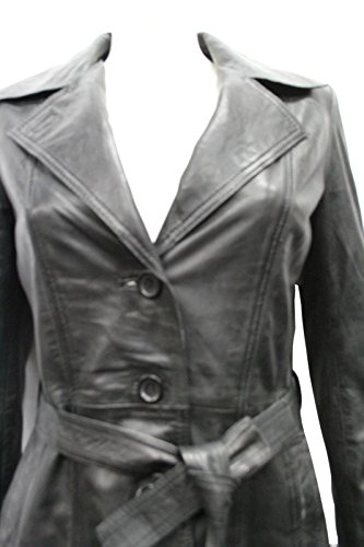 Trench pour mesdames en cuir véritable noir classique mi-long