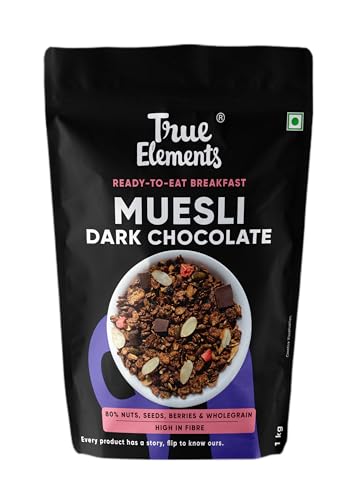 True Elements Muesli Dark Chocolate, 1Kg, Protein 14.3g, Plant-based, Adult Age