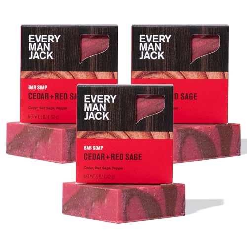 Every Man Jack Cold Processed Mens Bar Soap - Cedar + Red Sage Scent - Deeply Cleans & Hydrates with Shea Butter and Coconut Oil - (3 Pack)
