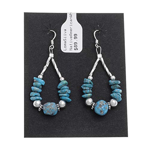 $90Tag Natural Turquoise Silver Certified Navajo Native Dangle Earrings 18153 Made By Loma Siiva #TOP3