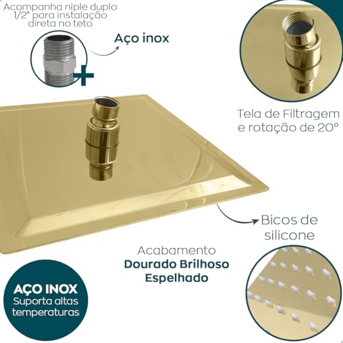 Dona D Cor, Ducha Chuveiro Dourado Quadrado De Teto 30x30 Com Niple Ducha Slim Cascata 30cm Chuveiro