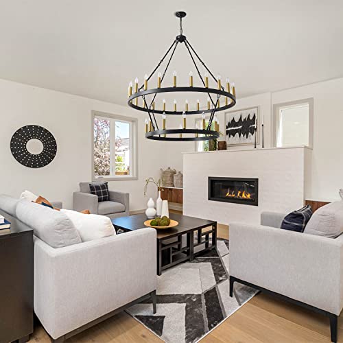 48 Inch Large Black Wagon Wheel Chandelier,2 Tier 36-Light Rustic Round Hanging Light Fixture,Chandeliers For High Ceilings,Farmhouse Chandeliers For Dining Room Kitchen Island Foyer Entryway #TOP5