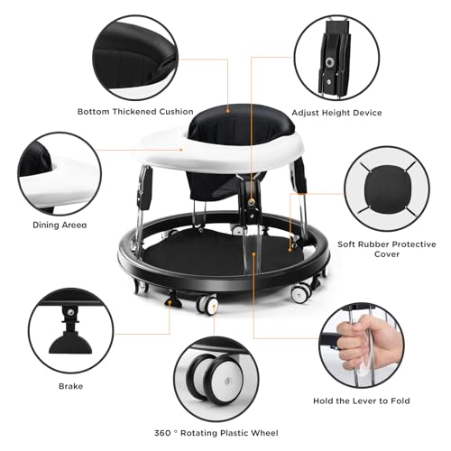 Image of Baby Walker with Wheels, One-Touch Folding Baby Walkers with Height Adjustment and Brake, Portable Walker for Baby Boy Girls 6-18 Months, Black