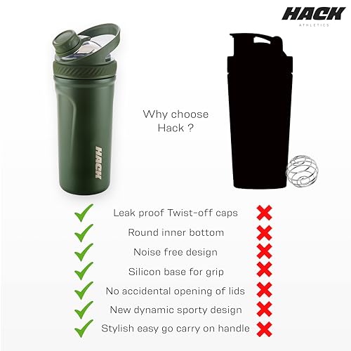 Image of Hack Athletics Premium Stainless Steel Insulated Shaker Bottles for Gym, Protein Shaker, Pre Workout Bottle, Water Bottle for Men and Women, BPA Free Material 100% Leakproof | 709ML (Green)