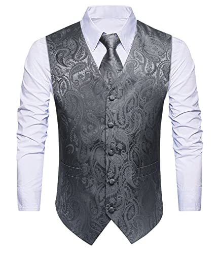 Image of HISDERN Vest and Tie Sets for Men Vests Paisley Floral Jacquard Necktie Pocket Square 3PCS Waistcoat for Suit or Tuxedo