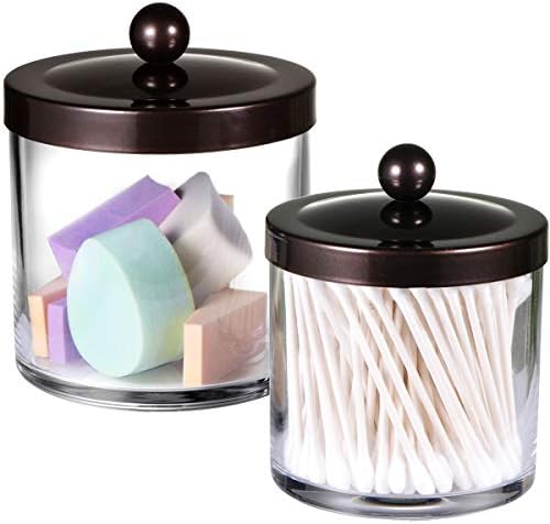 Premium Quality Plastic Apothecary Jars - Qtip Holder Bathroom Vanity Countertop Storage Organizer Canister Clear Acrylic for Cotton Swabs,Rounds, Balls,Makeup Sponges,Bath Salts / 2 Pack (bronze)
