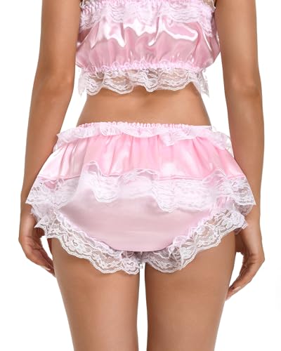 Satini Frilly Lace Sissy Ruffled French Knickers Briefs Lingerie Silky Satin Underwear Panties4