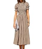 RIHOAS Plaid Gingham Midi Dress Short Sleeve Smocked Dresses for Women