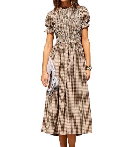 RIHOAS Womens Shirred A-Line Midi Dress Summer Dresses Casual Puff Short Sleeve Smocked Flowy Ruffle Boho Beach Party Maxi Sundress