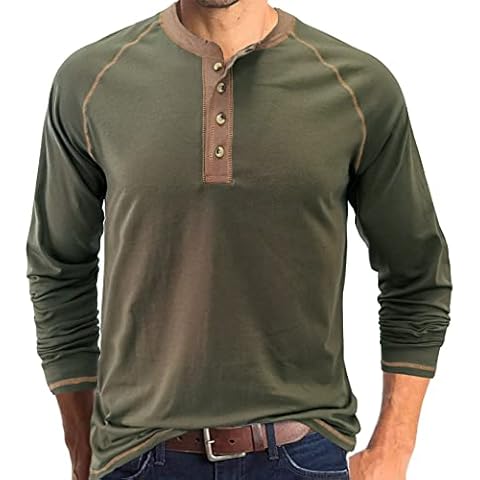 Mens Henley Long Sleeve T Shirts Casual Plain Shirt Tops Green Cover