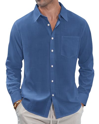 Consejos para Comprar Color Azul Mezclilla al mejor precio. 40 J.VER - Camisas de lino para hombre, estilo casual, de manga larga, con botones, cuello extendido, para verano, playa, con bolsillo, Azul mezclilla, Large