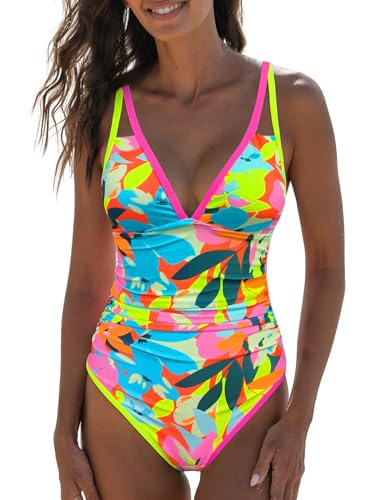 popvil Women's Tummy Control Swimsuits One Piece Neon Color Block Swimwear Deep V Neck Slimming Bathing Suit