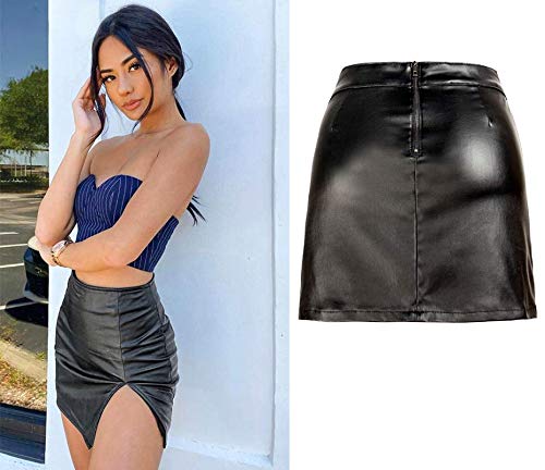 Women's Stretch Faux Leather Skirt High Waist Split Mini Bodycon Pencil Skirt Hs031 S Black #TOP4