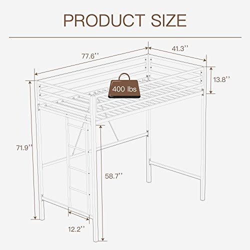 Ikalido Metal Loft Bed Twin Size, Multifunctional Twin Bed With Safety Guard & Removable Ladder, Space-Saving/Noise Free/No Box Spring Needed/Matte Black #TOP1