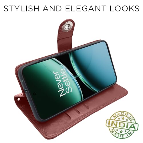 Image of Pikkme Flip Cover Leather Finish | Inside TPU with Card Pockets | Wallet Stand and Shock Proof | Complete Protection Button Flip Case for OnePlus Nord 4 5G (Brown)