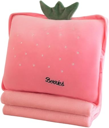 Rikyo 15" Stuffed Fruit Travel Blanket and Pillow Set,3 in 1 Plush Stuffed Hugging Pillow with Warming Hands Pillow Blanket for Kids Gift Travel Airplane Train Bed Office Nap (Pink - Strawberry)