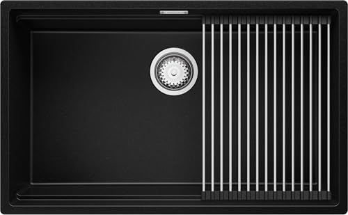 PRIMAGRAN Evier Sous Plan Noir 76x47cm, Evier en Granit 1 bac + Kit de Vidage + Égouttoir Enroulable, Évier al mueble 80cm - Prague S529