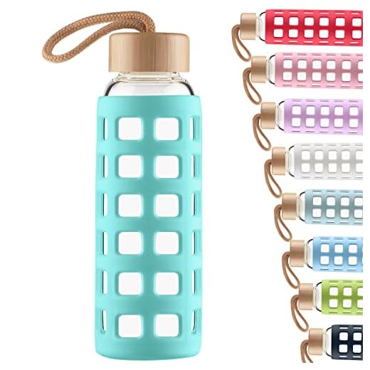 Cleesmil Sport glas vattenflaska med silikonärm med bambulock BPA-fri 360 ml/660 ml/1000 ml akva blå 360ml