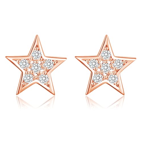 Kamise Hypoallergenic Star Zirconia Stud Earrings, Sterling Silver Stud Earrings for Women, Stud Earrings Silver 925 Ladies Girls,Sleeping Studs Earrings for Kids, Rose Gold Studs with Jewellery Box