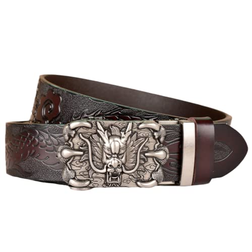 Men Western Dragon Embossed Ratchet Belt - Dragon Head Silver Auto Buckle For Jeans2