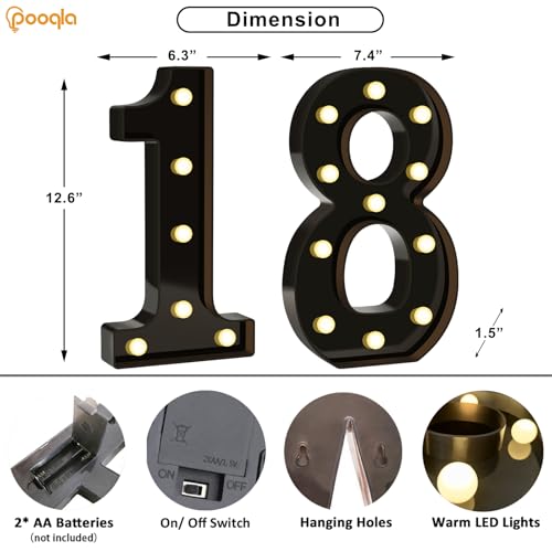 Image of Pooqla 18th Birthday Decorations for Boys, Large Black Light Up Numbers | Black Party Decorations, 12.6in Tall Big Marquee Numbers 18th Anniversary Birthday Gift for Boys Wedding Room Decor