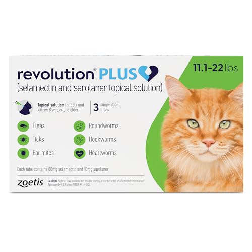 Revolution Plus (selamectin and sarolaner Topical Solution) for Cats, 11.1-22 lbs (Green), 3 Tubes