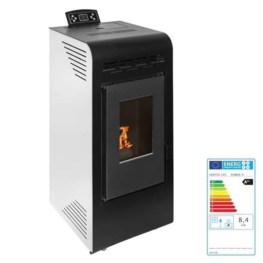 EIDER BIOMASA – Estufa de Pellets Power 9 Plus – 8,99 kW – Rendimiento 94% – Compacta 91x44x43 cm – Tolva 15 kg – Calienta hasta 180 m³ – Consumo 1,09–1,66 kg/h – Clase A+