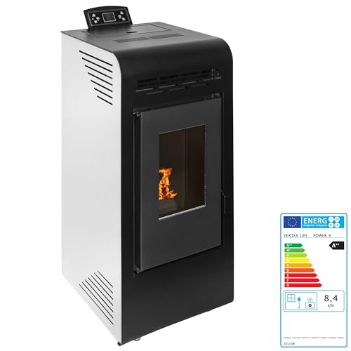 EIDER BIOMASA – Estufa de Pellets Power 9 Plus – 8,99 kW – Rendimiento 94% – Compacta 91x44x43 cm – Tolva 15 kg – Calienta hasta 180 m³ – Consumo 1,09–1,66 kg/h – Clase A+