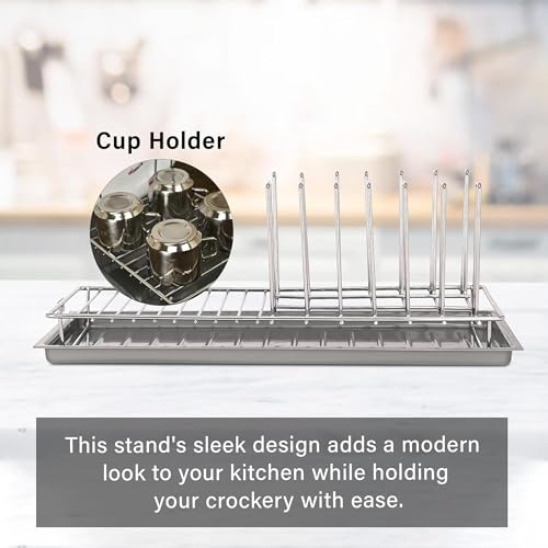 Image of Kuber Industries Stainless Steel Glass & Plate Stand for Kitchen | Crockery Rack Organizer with Draining Tray Included - Silver & Grey