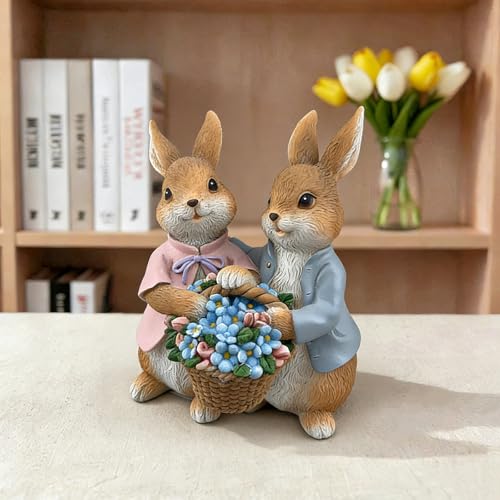 Estatua pareja de conejos con canastas decorativas miniatura 4