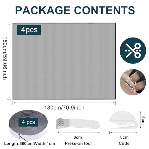 4 Stück Fliegengitter Fenster, Insektenschutz Fenster 150x180cm, Fliegennetz Fenster, Moskitonetz Fenster, mit Klettband Selbstklebend, Schützen die Familie vor Insekten (Schwarz)