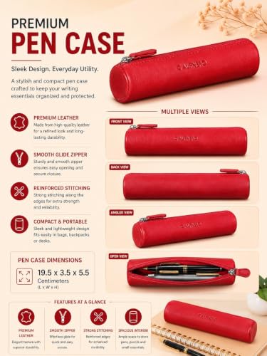 Image of Calfnero Genuine Leather Pen-Case for Men & Women | Premium Leather Pencil-Pouch with Zipper (Red) | Cylindrical Pen-Holder Organizer for Pen, Pencils & Stationery | Unisex Pen-Sleeve