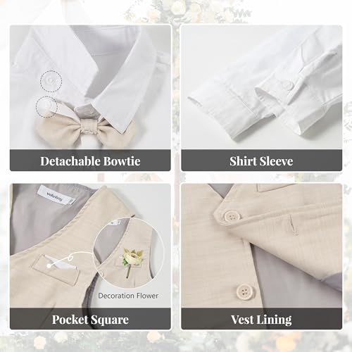 Volunboy Baby Jungen Anzug, Kinder Anzugweste Festliche Hochzeit Kleidung Bekleidung Set 4tlg(Größe 80,12-18 Monate,Beige