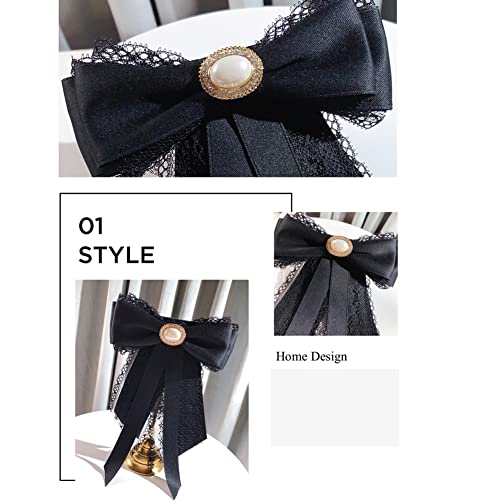 Image of Lace Ribbon Bow Tie Brooch Rhinestone Pearl Necktie for Girl Women Fashion jabot collar brooch pins Pre-Tied Corsage
