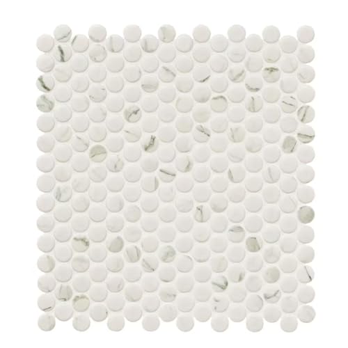Tenedos Waterproof White Porcelain Penny Round Tiles - Matte Marble