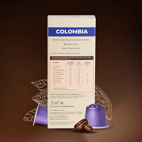 Image of KORLEONE Colombia Aluminium Nespresso Compatible Coffee Pods 20 Capsules (Pack of 2) Intensity - 6 | Single Origin Medium Roast Level 210 Grams